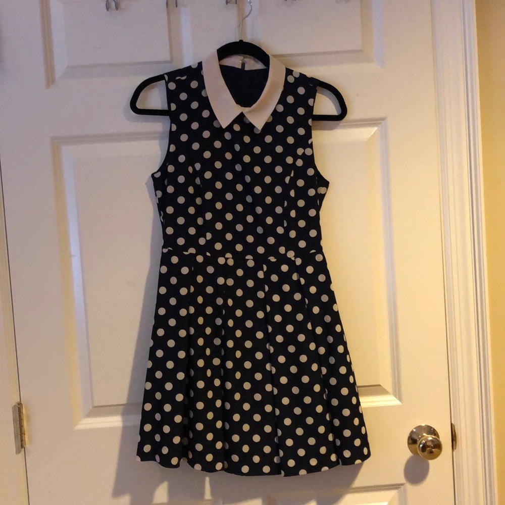 Navy and cream polka dot dress